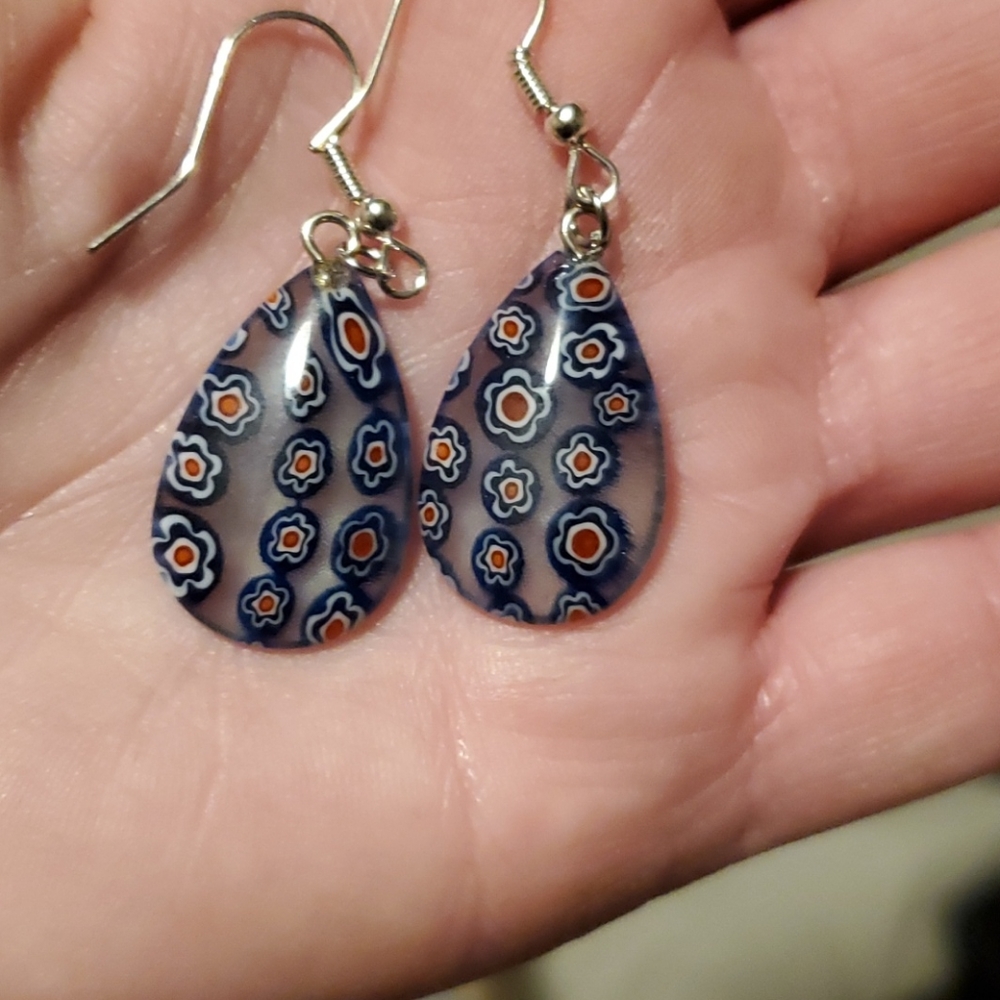 *Sale* New Pear Shaped Blue and Red Millefiori Glass Earrings.